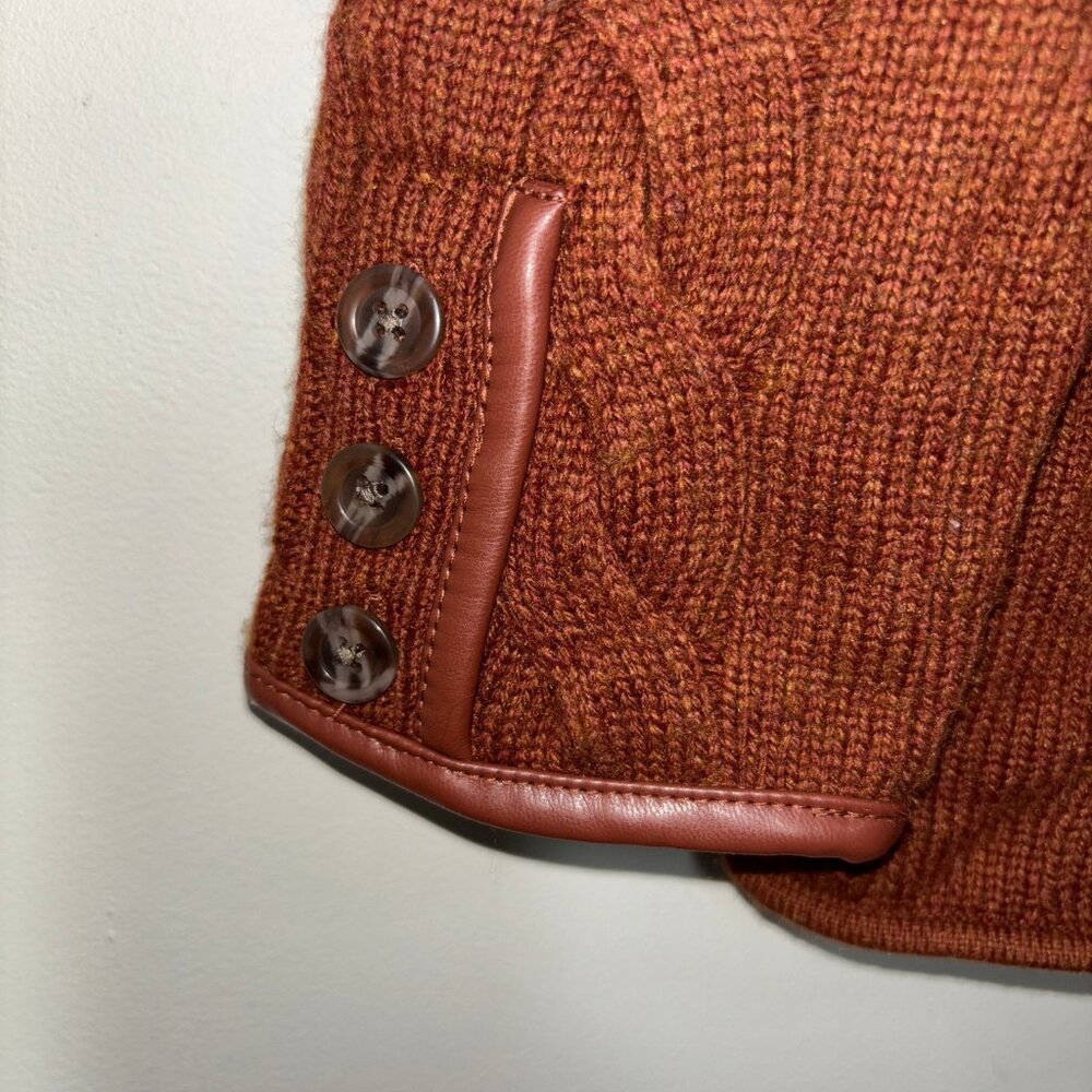 Talbots Wool Blend Cable Knit Cardigan Sweater M Brown Faux Leather Trim - Picture 11 of 14